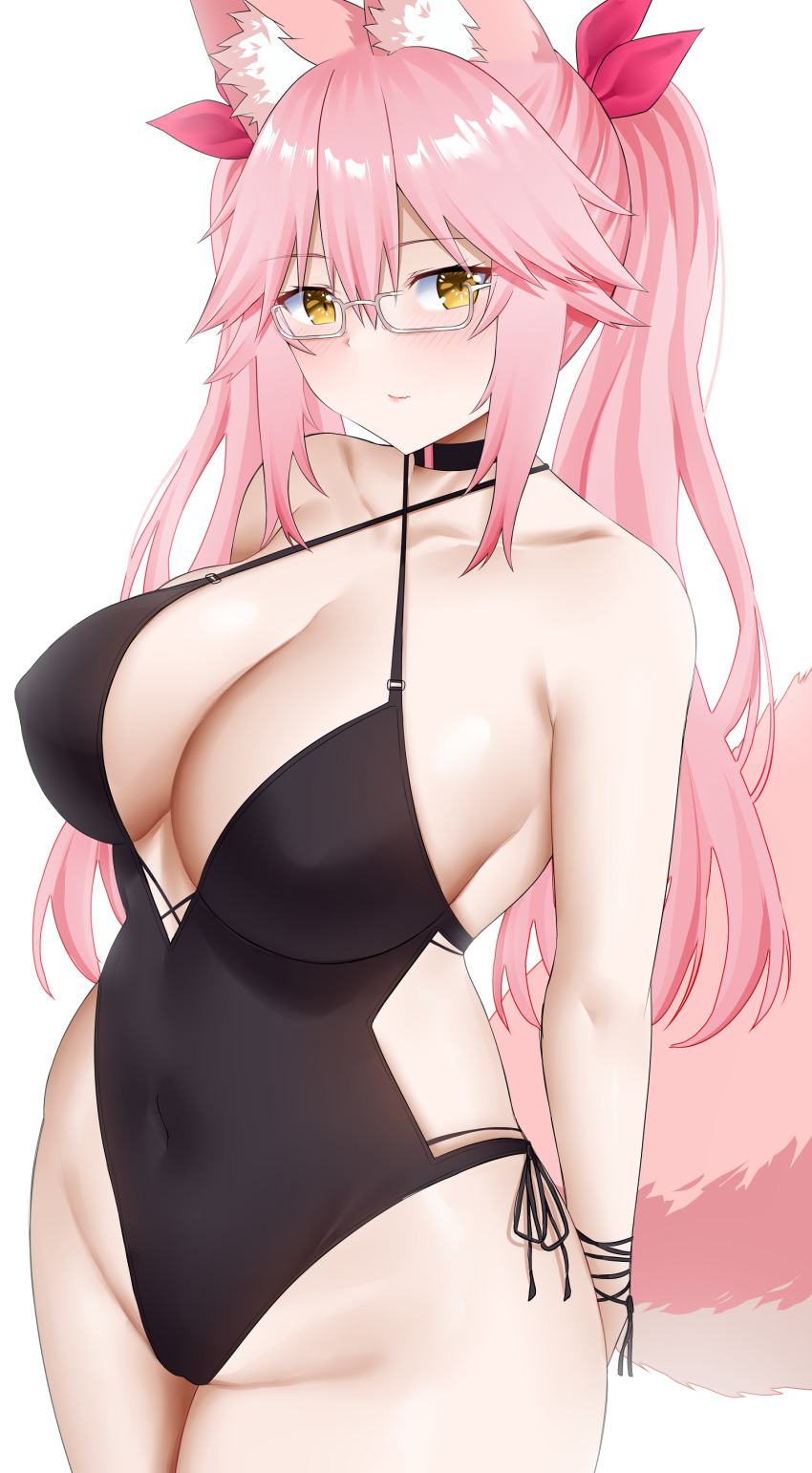 1girl, absurdres, animal_ear_fluff, animal_ears, arind_yudha, bare_shoulders, black_one-piece_swimsuit, blush, breasts, choker, cleavage, collarbone, covered_navel, fate/grand_order, fate_(series), fox_ears, fox_girl, fox_tail, glasses, hair_between_eyes, hair_ribbon, highres, koyanskaya_(fate), koyanskaya_(twin_tail)_(fate), large_breasts, long_hair, looking_at_viewer, one-piece_swimsuit, pink_hair, pink_ribbon, ribbon, sidelocks, swimsuit, tail, thighs, twintails, yellow_eyes