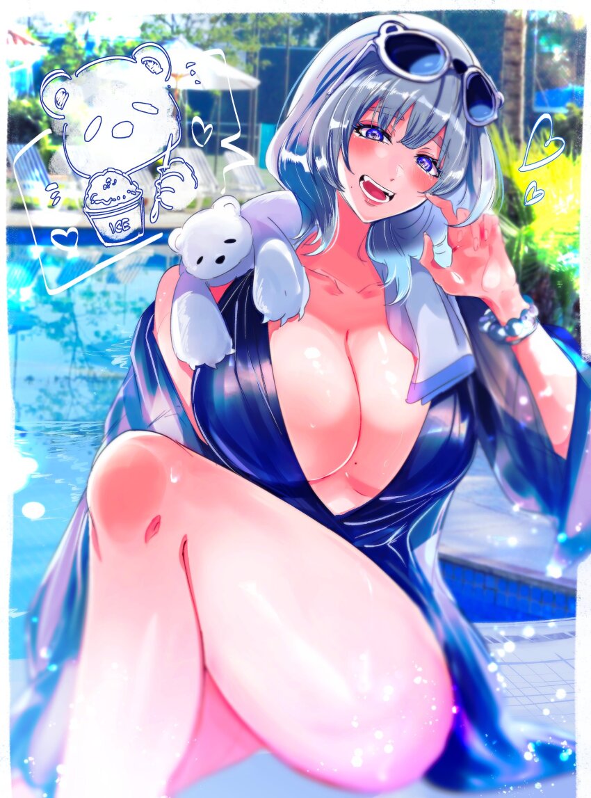 1girl, :d, absurdres, bead_bracelet, beads, bear, blue_robe, blush