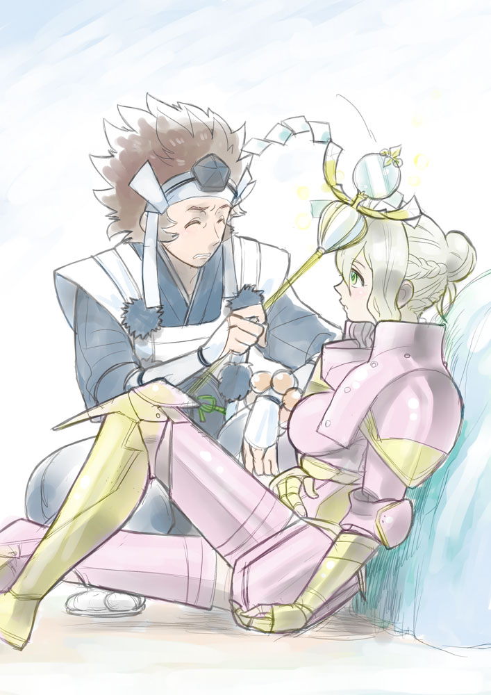 1boy, 1girl, armor, azama_(fire_emblem), brown_hair, closed_eyes, effie_(fire_emblem), fire_emblem, fire_emblem_fates, green_eyes, grey_hair, japanese_clothes, looking_at_another, nintendo, pink_armor, yoshida_(crisen)