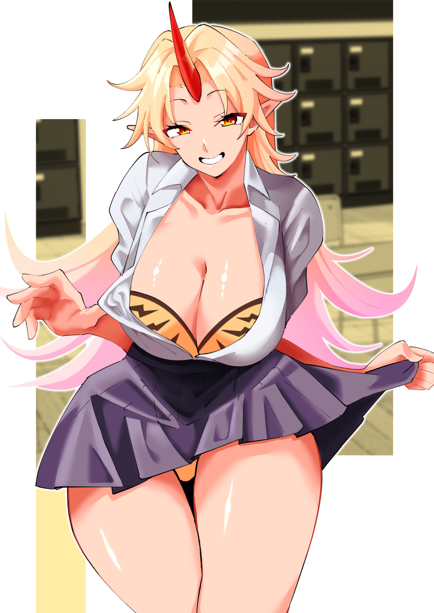 1girl, absurdres, animal_print, blonde_hair, bra, breasts, classroom, cleavage