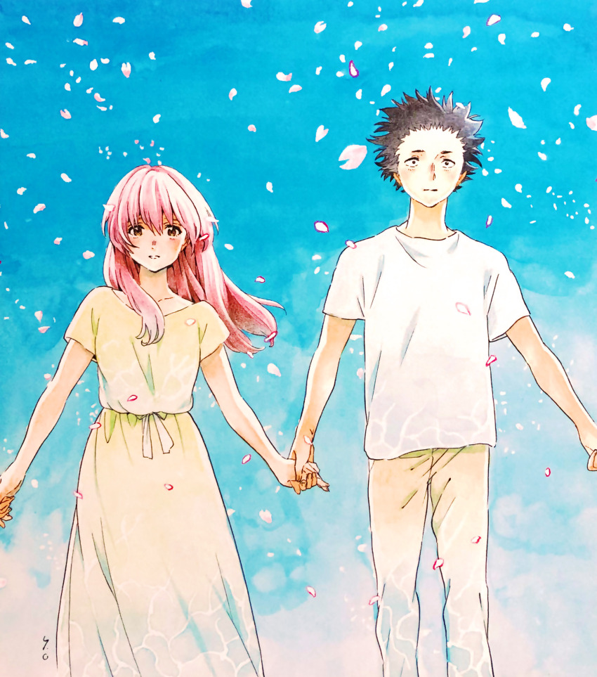 1boy, 1girl, absurdres, black_eyes, black_hair, blue_sky, brown_hair, closed_mouth