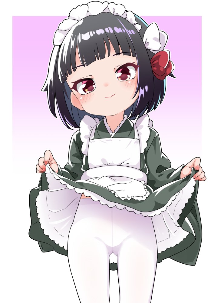 1girl, alternate_costume, apron, black_hair, blunt_bangs, blush, closed_mouth, clothes_lift, dress, dress_lift, enmaided, frills, green_dress, hair_ribbon, ishigaki_(kancolle), japanese_clothes, kantai_collection, lifting_own_clothes, long_sleeves, looking_at_viewer, maid, maid_headdress, nassukun, pantyhose, red_ribbon, ribbon, short_hair, simple_background, solo, wa_maid, white_apron, white_pantyhose, white_ribbon