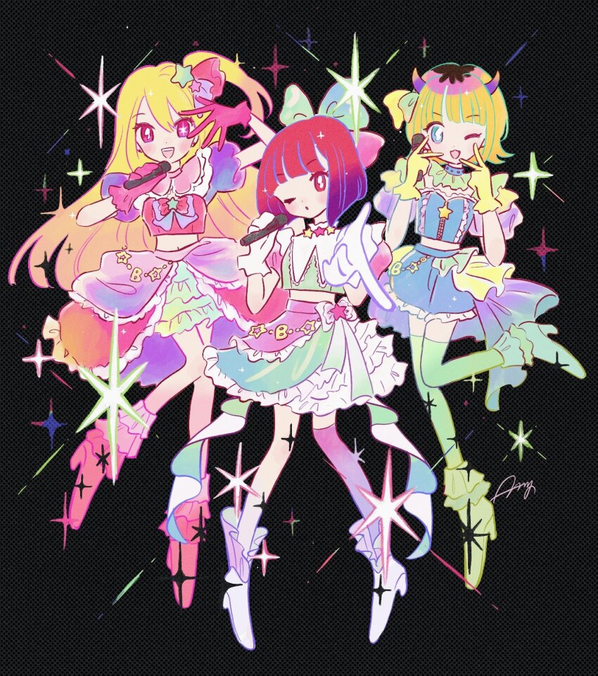 3girls, arima_kana, blonde_hair, blue_eyes, comcomblue, hair_ribbon, happy, highres