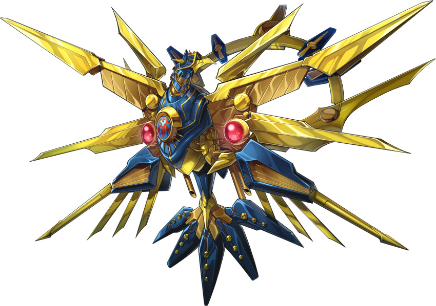 android, bird, duel_monster, floating, flying, full_body, highres, horns, konami, mecha, mechanical_tail, mechanical_wings, monster, neon_lights, no_humans, official_art, open_mouth, raidraptor_-_ultimate_falcon, robot, robot_animal, robot_bird, scales, sharp_teeth, spikes, tail, teeth, transparent_background, wings, yu-gi-oh!