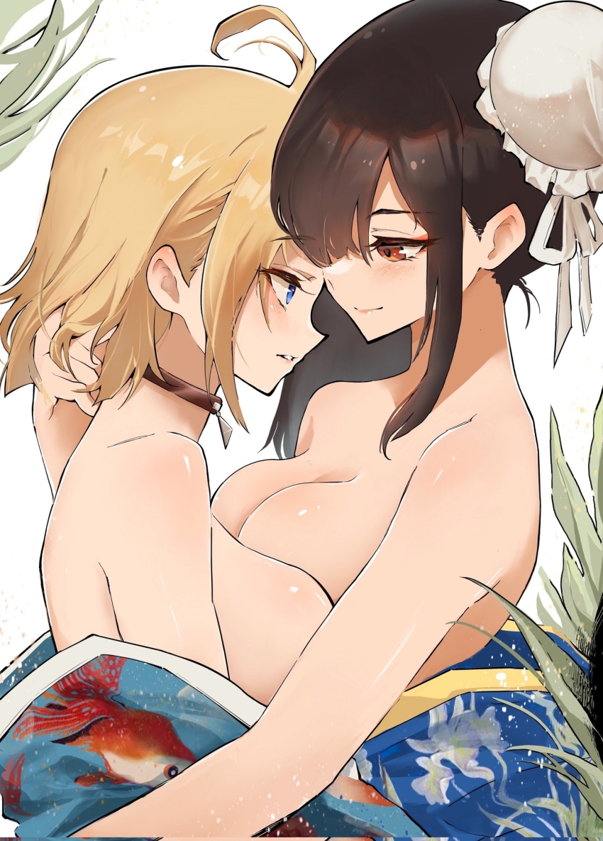 2girls, alternate_costume, blonde_hair, blue_eyes, blush, breast_press, breasts, brown_eyes, brown_hair, cammy_white, capcom, chun-li, hair_bun, highres, japanese_clothes, jewelry, kimono, large_breasts, looking_at_another, mulangfang, multiple_girls, necklace, off_shoulder, street_fighter, yuri