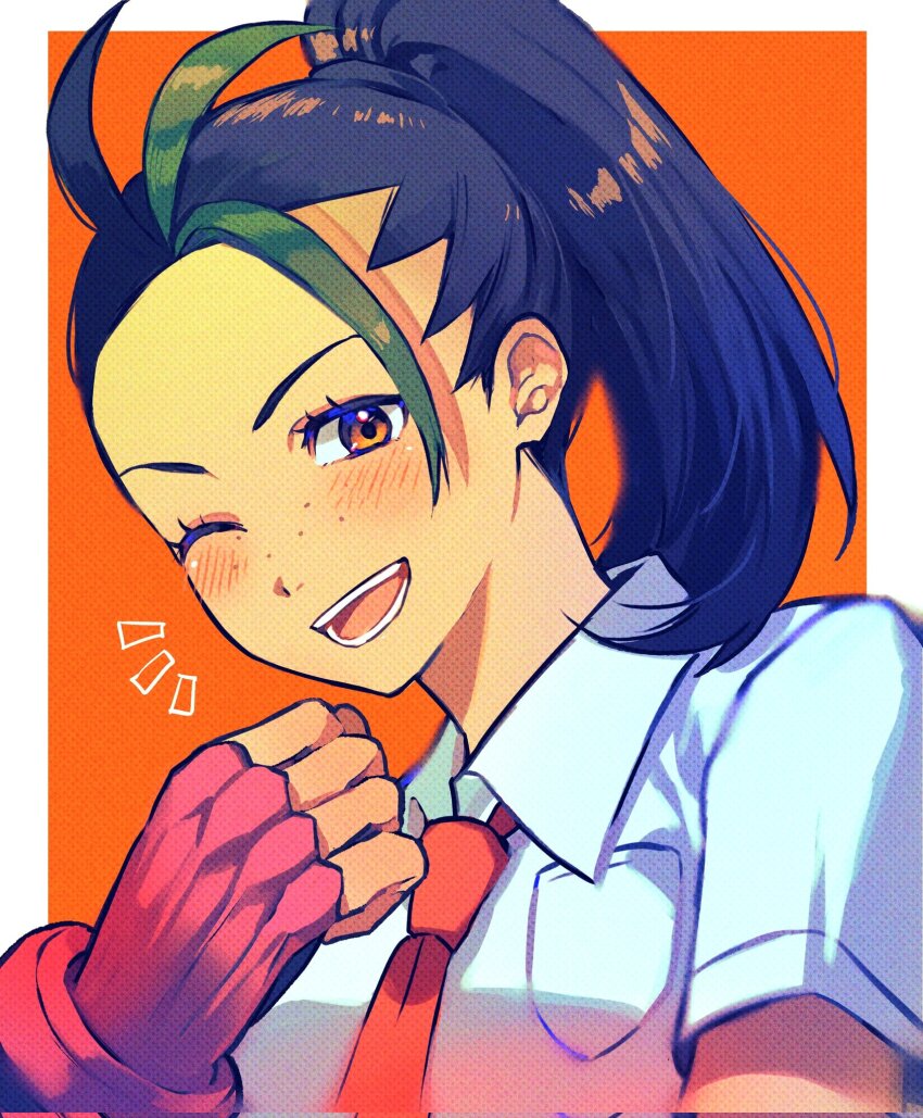 1girl, black_hair, blush, border, breast_pocket, clenched_hand, collared_shirt, commentary, fingerless_gloves, gloves, green_hair, hand_up, highres, kinomi_3030, looking_at_viewer, multicolored_hair, necktie, nemona_(pokemon), nintendo, notice_lines, one_eye_closed, open_mouth, orange_eyes, outside_border, pocket, pokemon, pokemon_scarlet_and_violet, ponytail, red_gloves, red_necktie, shirt, short_sleeves, solo, streaked_hair, teeth, two-tone_hair, upper_body, white_border, white_shirt