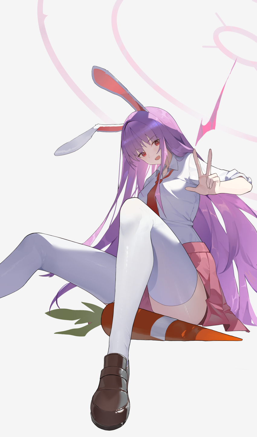 1girl, absurdres, animal_ears, brown_shoes, carrot, chinese_commentary, collared_shirt, commentary_request