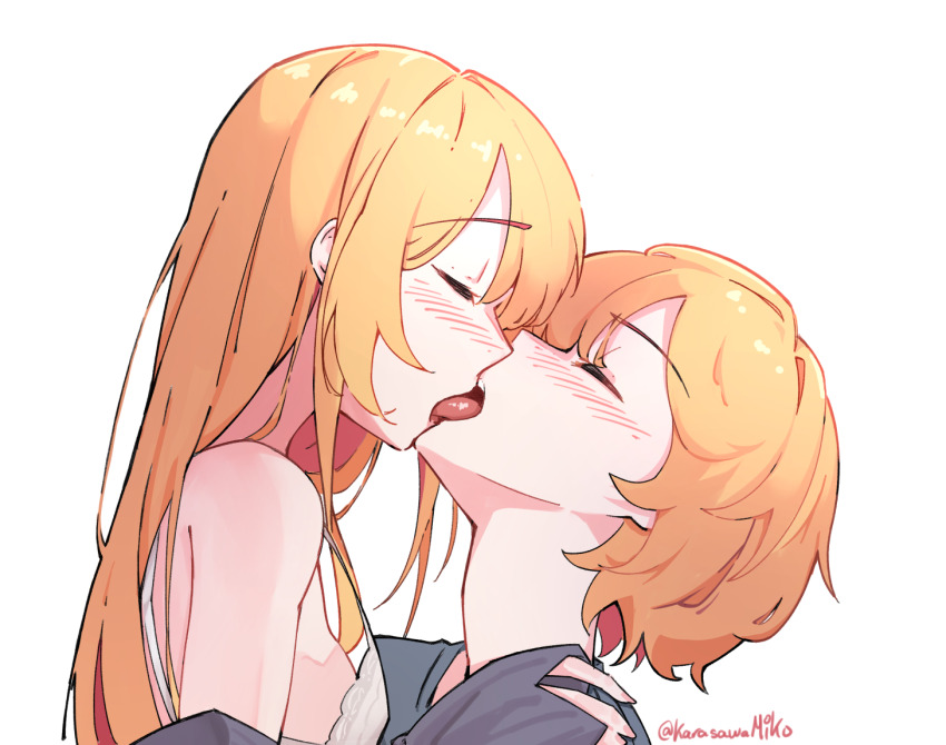 1boy, 1girl, bare_shoulders, blonde_hair, blush, bra, brother_and_sister, closed_eyes, commentary, english_commentary, french_kiss, from_side, hair_between_eyes, hetero, hoshino_aquamarine, hoshino_ruby, incest, karasawa_miko, kiss, lace, lace-trimmed_bra, lace_trim, long_hair, long_sleeves, open_mouth, oshi_no_ko, partially_undressed, short_hair, siblings, sidelocks, simple_background, sleeves_past_wrists, tongue, twincest, twins, twitter_username, underwear, upper_body, white_background, white_bra