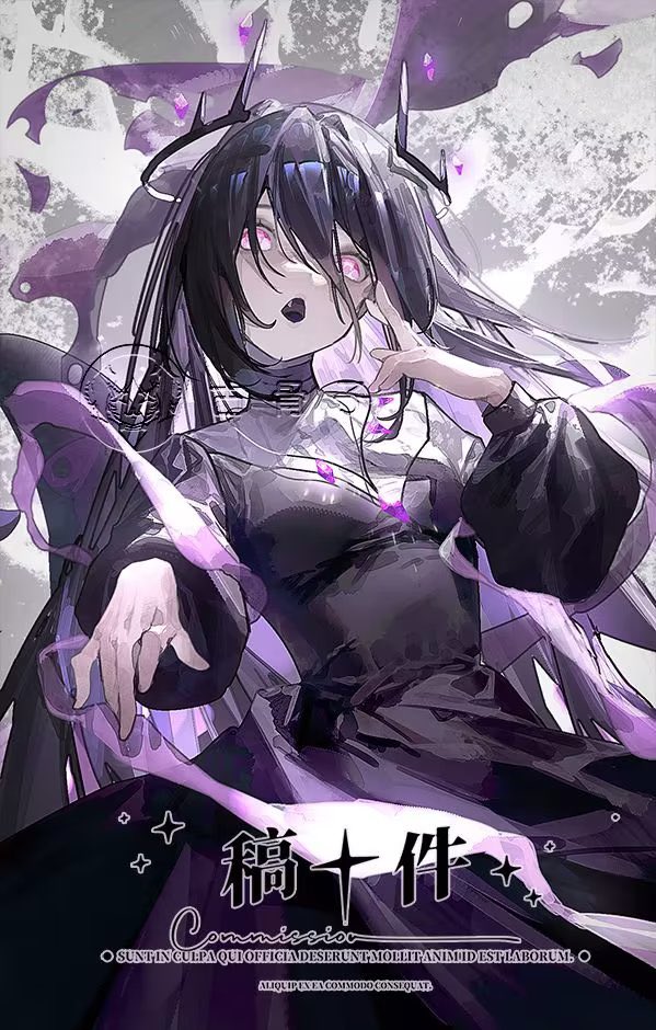 1girl, artist_name, black_dress, black_hair, black_tongue, creepy_eyes, dress, fang