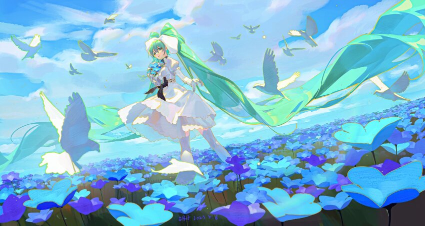 animal, aqua_eyes, bird, black_ribbon, blue_flower, bow, cloud, cloudy_sky, colorful, dress, elbow_gloves, field, flower, flower_field, gloves, guguzi, hair_bow, hatsune_miku, highres, holding, holding_flower, looking_at_viewer, ribbon, sky, solo, standing, twintails, vocaloid, white_bow, white_dress, white_gloves