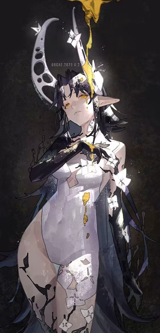 1girl, artist_name, bare_legs, black_background, black_gloves, black_hair, breasts, closed_mouth