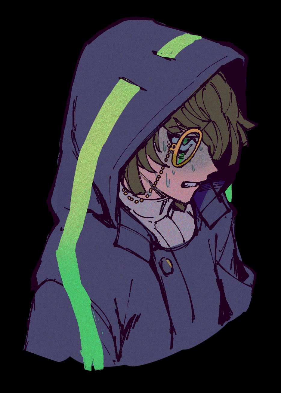 1boy, black_background, cloak, cropped_torso, green_eyes, grey_cloak, highres, hiroshi_(moremorepi)