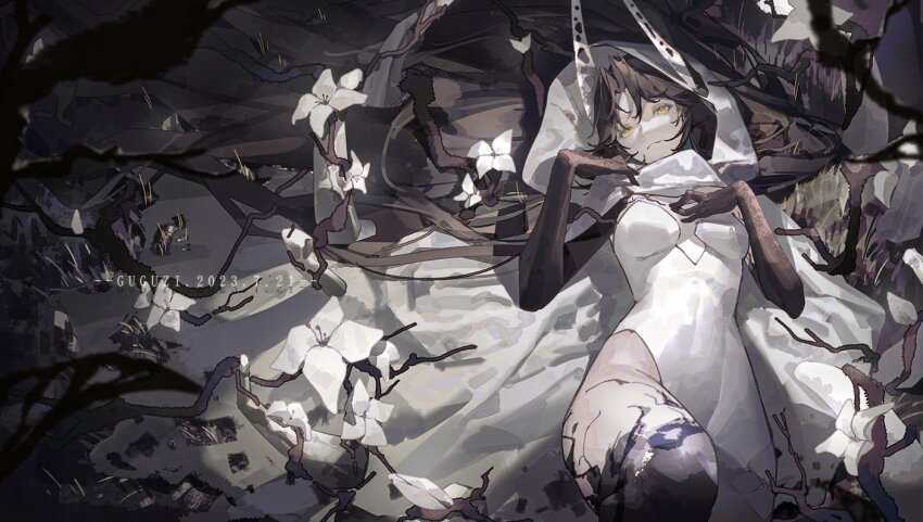 1girl, artist_name, bare_legs, black_gloves, black_hair, blonde_hair, branch, breasts