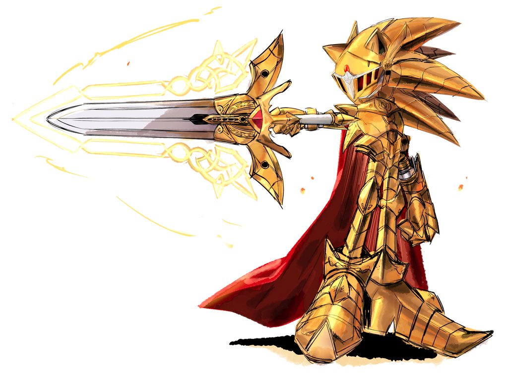 1boy, arm_at_side, arm_up, armor, armored_boots, boots, breastplate, cape, excalibur_(sonic), excalibur_sonic, full_armor, full_body, furry, furry_male, gauntlets, gloves, gold_armor, helmet, holding, holding_sword, holding_weapon, leg_armor, looking_to_the_side, magic, male_focus, outstretched_arm, pointy_boots, red_cape, simple_background, sketch, solo, sonic_(series), sonic_and_the_black_knight, sonic_the_hedgehog, standing, sword, usa37107692, weapon, white_background, yellow_boots, yellow_gloves, yellow_headwear