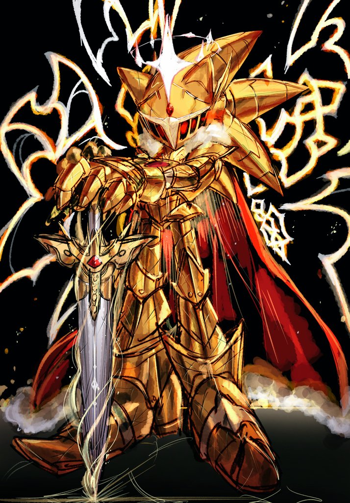 1boy, armor, armored_boots, arms_up, black_background, boots, cape, energy_wings, excalibur_(sonic), excalibur_sonic, facing_viewer, full_armor, fur-trimmed_cape, fur_trim, furry, furry_male, gauntlets, halo, hands_on_hilt, helmet, holding, holding_sword, holding_weapon, leg_armor, magic, male_focus, outstretched_arms, own_hands_together, planted, red_cape, shoulder_armor, solo, sonic_(series), sonic_and_the_black_knight, sonic_the_hedgehog, sword, usa37107692, weapon, yellow_boots, yellow_headwear