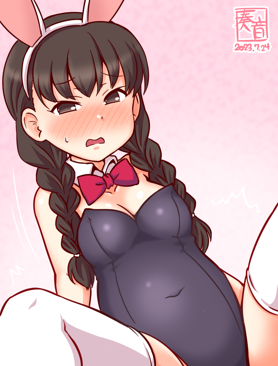 1girl, animal_ears, bare_shoulders, black_hair, black_leotard, bow, bowtie, braid