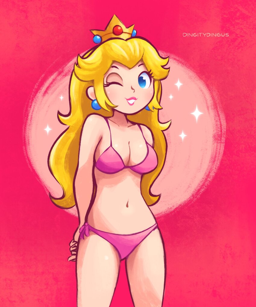 1girl, arms_behind_back, artist_name, bare_arms, bare_shoulders, bikini, blonde_hair, blue_eyes, breasts, cleavage, collarbone, crown, earrings, eyelashes, highres, jewelry, lips, long_hair, looking_at_viewer, mario_(series), medium_breasts, navel, nintendo, one_eye_closed, parted_lips, pink_bikini, pink_lips, princess_peach, red_background, side-tie_bikini_bottom, smile, solo, sparkle, sphere_earrings, super_mario_bros._1, swimsuit, vinny_(dingitydingus)