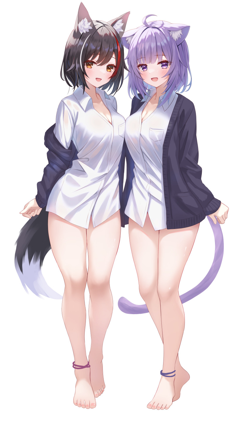 2girls, :d, absurdres, ahoge, alternate_hair_length, alternate_hairstyle, animal_ear_fluff, animal_ears, anklet, barefoot, black_hair, blue_cardigan, blush, breast_pocket, breasts, cardigan, cat_ears, cat_girl, cat_tail, cleavage, collared_shirt, commentary_request, cosplay, feet, heel_up, highres, hololive, jewelry, large_breasts, legs, light_purple_hair, long_sleeves, looking_at_viewer, matching_outfits, multicolored_hair, multiple_girls, nail_polish, nekomata_okayu, nekomata_okayu_(oversized_shirt), nekomata_okayu_(cosplay), no_pants, ookami_mio, open_cardigan, open_clothes, open_mouth, pocket, purple_eyes, red_hair, shirt, short_hair, simple_background, smile, standing, streaked_hair, tail, toenail_polish, toenails, toes, togemaru34, virtual_youtuber, white_background, white_hair, white_shirt, wolf_ears, wolf_girl, wolf_tail, yellow_eyes