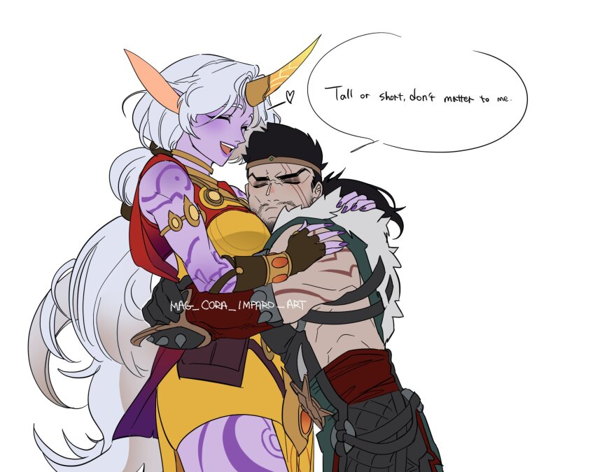1boy, 1girl, :d, artist_name, beard, black_gloves, black_hair, braid, breasts, brown_gloves, colored_skin, draven, dress, earrings, english_text, facial_hair, fingerless_gloves, gloves, happy, heart, height_difference, highres, horns, hug, jewelry, large_breasts, league_of_legends, mag_cora_imparo, muscular, muscular_male, nail_polish, open_mouth, orange_dress, pink_skin, simple_background, single_horn, smile, soraka_(league_of_legends), speech_bubble, tattoo, teeth, upper_teeth_only, white_background, white_hair