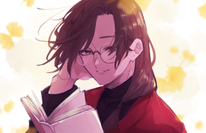 1boy, black_shirt, blurry, blurry_background, book, brown_hair, falling_leaves, fujikawa_ua, ginkgo_leaf, glasses, hair_over_shoulder, hand_up, jacket, leaf, long_hair, long_sleeves, looking_at_viewer, low_ponytail, male_focus, nijisanji, open_book, orange_eyes, parted_bangs, parted_lips, ponytail, reading, red_jacket, round_eyewear, shellin_burgundy, shellin_burgundy_(2nd_costume), shirt, smile, solo, tucking_hair, turtleneck, upper_body, virtual_youtuber, white_background, wind