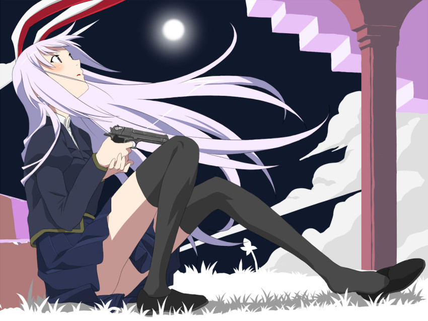 1girl, animal_ears, bakemonogatari, rabbit_ears, cloud, derivative_work, female_focus, gun