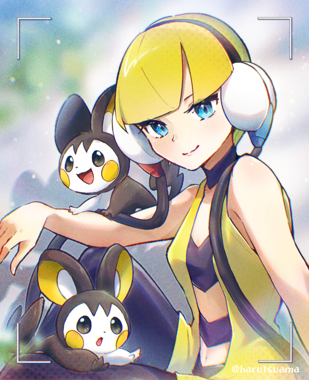 1girl, aqua_eyes, bare_arms, black_choker, black_pantyhose, blonde_hair, blunt_bangs, cable, choker, closed_mouth, commentary_request, elesa_(pokemon), emolga, eyelashes, framed, gen_5_pokemon, headphones, highres, looking_to_the_side, nintendo, pantyhose, pokemon, pokemon_(creature), pokemon_black_and_white, short_hair, sleeveless, smile, suama_(haruichi), watermark