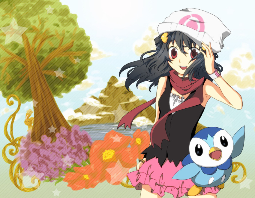 1girl, black_hair, buneary, dawn_(pokemon), gen_4_pokemon, hair_ornament, hairclip, hat
