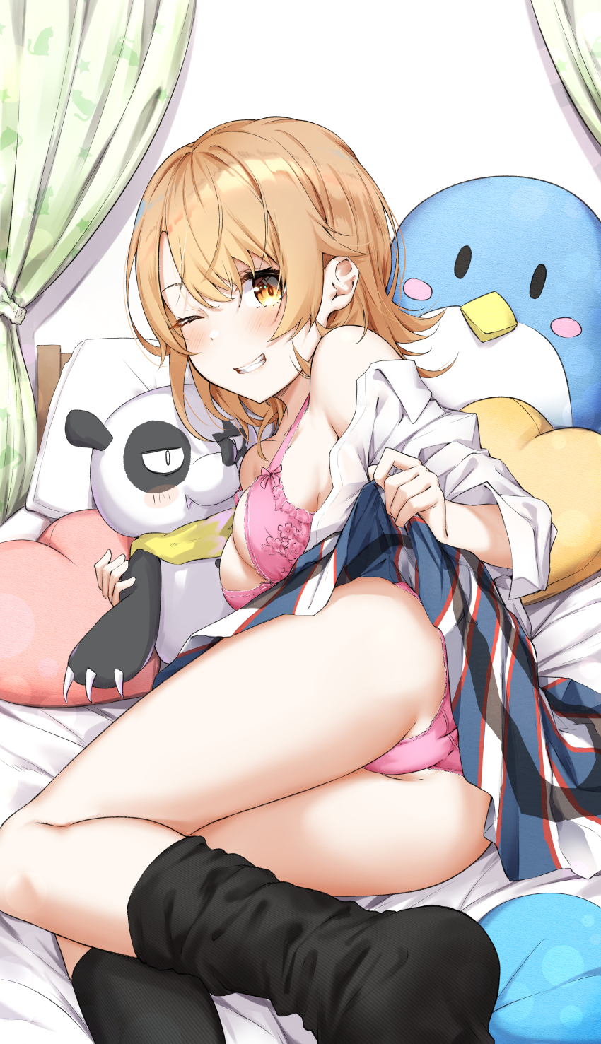 1girl, absurdres, ass, bare_shoulders, bed, black_socks, blonde_hair, blush