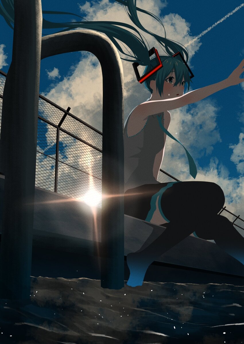 1girl, aqua_eyes, aqua_hair, aqua_necktie, backlighting, bare_arms, bare_shoulders, black_skirt
