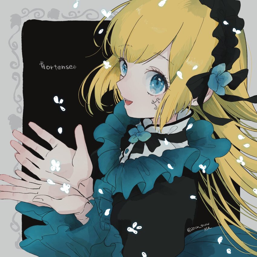 1girl, 20cm_snow, black_dress, blonde_hair, blue_eyes, brooch, character_name, dress