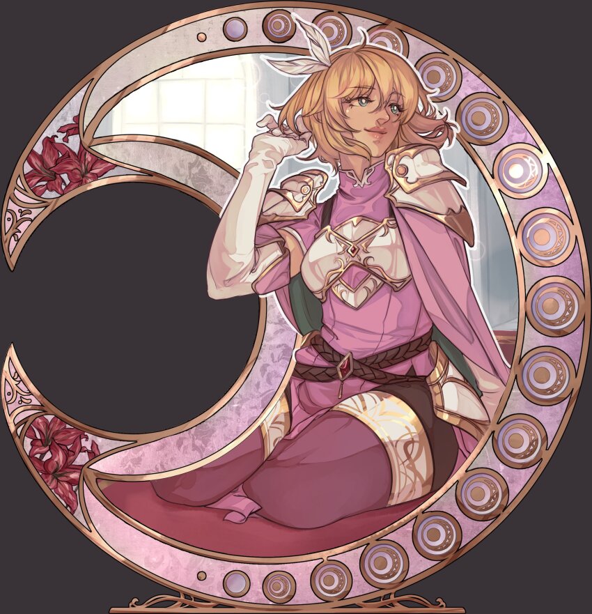 1girl, absurdres, aqua_eyes, armor, blonde_hair, breastplate, cape, dress