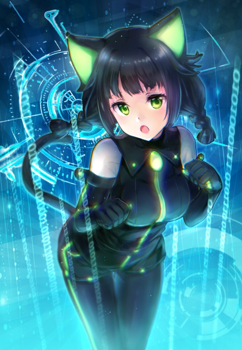 1girl, animal_ears, black_gloves, black_hair, braid, cat_ears, cat_girl, cat_tail, elbow_gloves, gerat, gloves, green_eyes, highres, medium_hair, nein_(album), neon_trim, open_mouth, pe.chi, solo, sound_horizon, tail, twin_braids