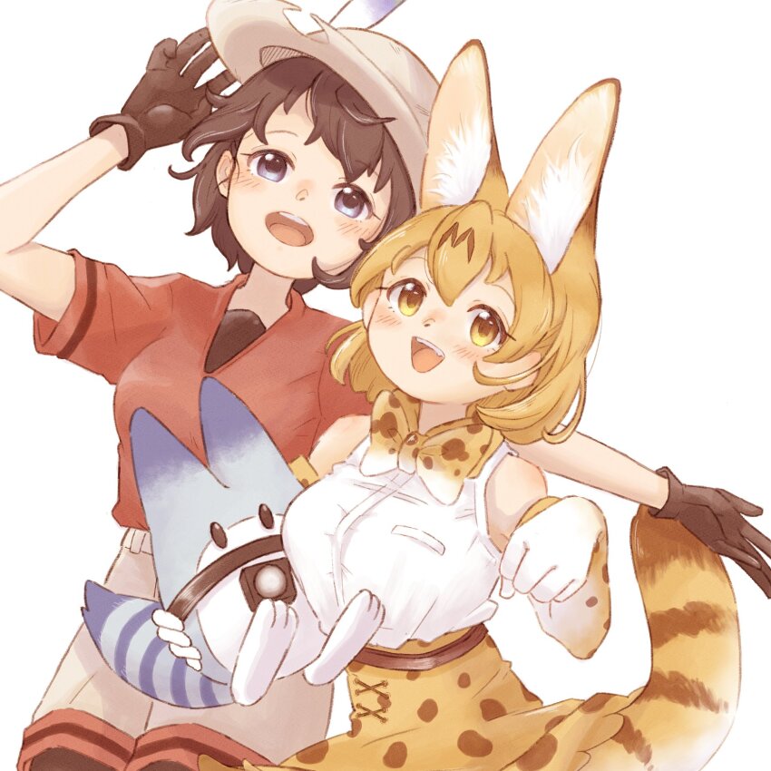 0nanaten, 2girls, animal_ears, animal_print, bare_shoulders, black_gloves, black_hair, blonde_hair