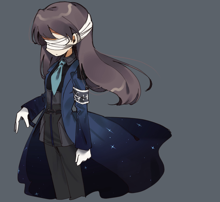 1girl, bandages, bandages_over_eyes, belt, black_belt, black_shirt, blue_background, blue_coat