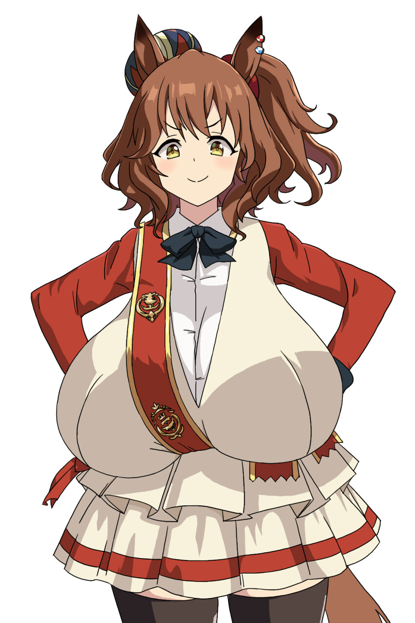 1girl, alternate_breast_size_(larger), animal_ears, aston_machan_(umamusume), aston_martin, breasts, brown_hair, crown