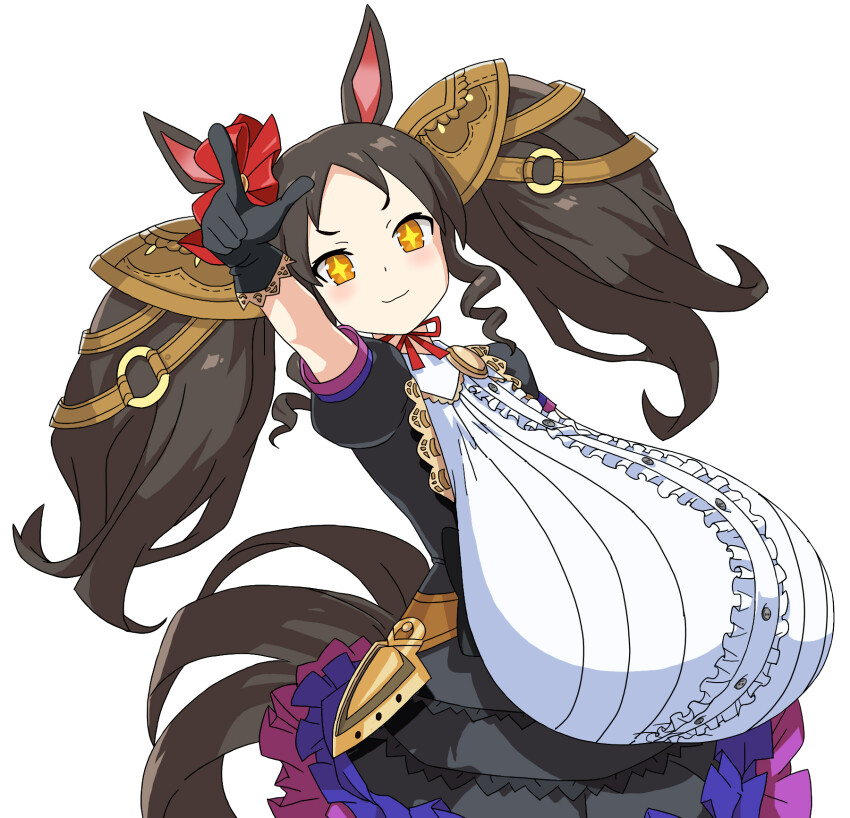 +_+, 1girl, alternate_breast_size_(larger), animal_ears, black_hair, breasts, ear_ornament, hair_ornament, highres, horse_ears, horse_girl, horse_tail, huge_breasts, long_hair, looking_at_viewer, marvelous_sunday_(umamusume), oppai_loli, orange_eyes, ringosu33, ringosu33333, smile, solo, tail, twintails, umamusume