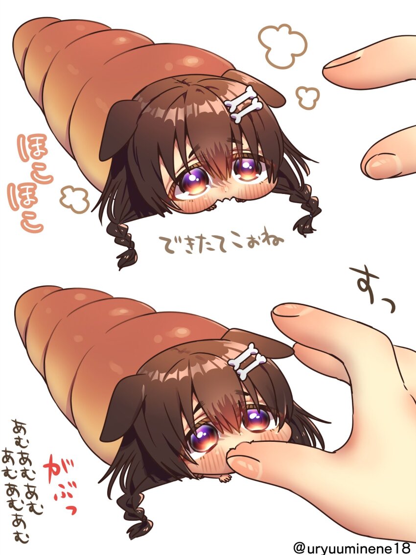 1girl, animal_ears, bone_hair_ornament, bread, brown_hair, chibi, commentary_request, croissant, dog_ears, dog_girl, dot_nose, fangs, food, hair_between_eyes, hair_ornament, harumina_mau, highres, hololive, inugami_korone, long_hair, looking_at_another, lying, on_stomach, outstretched_hand, quaso_(meme), simple_background, skin_fangs, translation_request, twitter_username, virtual_youtuber, white_background