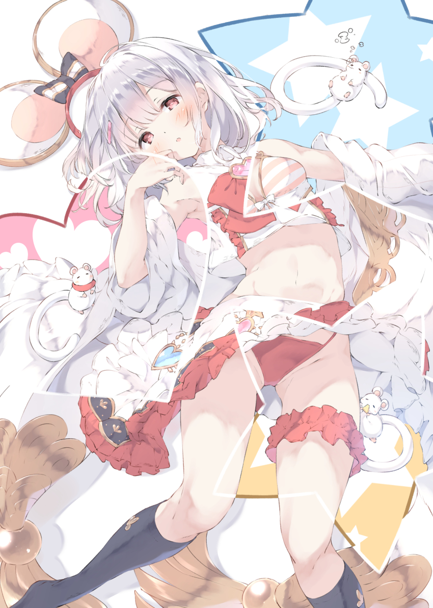 1girl, absurdres, animal_ears, bikini, black_socks, blush, cheese, collared_shirt