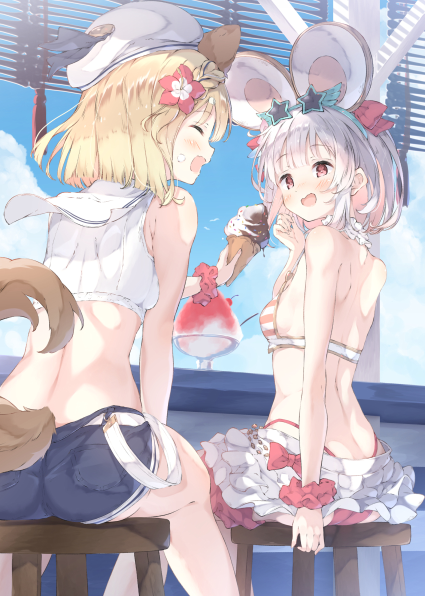 2girls, ^_^, absurdres, animal_ears, ass, back, beret, bikini