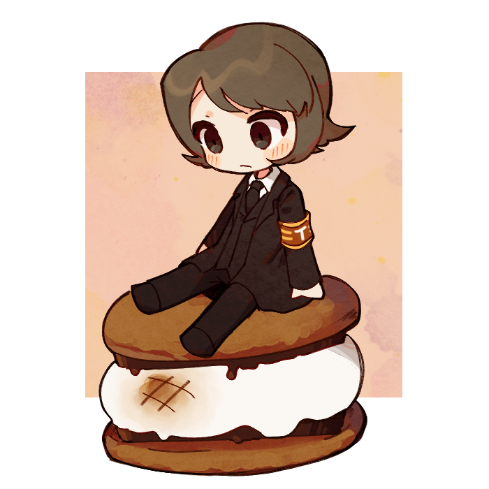 1girl, armband, black_coat, black_necktie, black_pants, black_shoes, black_vest, brown_armband