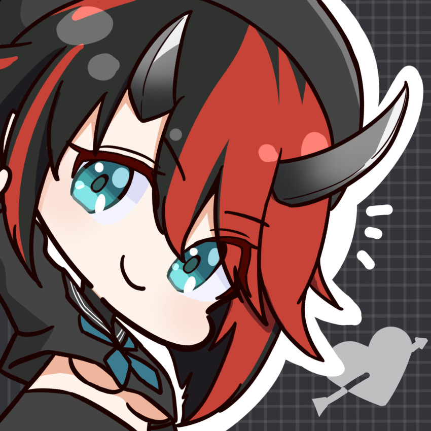 1girl, arrow_through_heart, black_hair, black_headwear, black_serafuku, black_shirt, black_skirt, blue_eyes