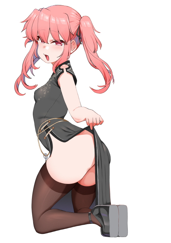 1girl, :d, arched_back, breasts, brown_thighhighs, china_dress, chinese_clothes, clothes_lift