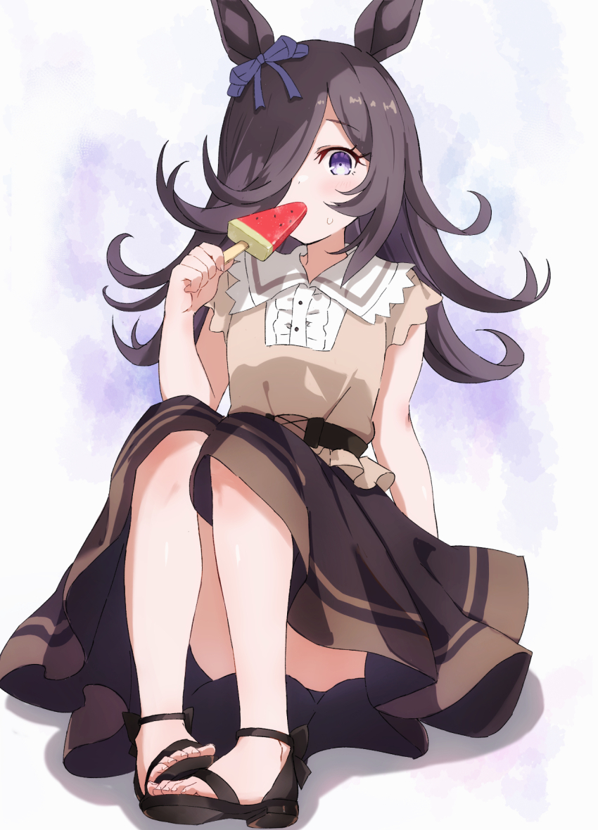 1girl, alternate_costume, animal_ears, black_sandals, blush, bow, brown_hair, brown_skirt, commentary_request, convenient_leg, ear_bow, feet, flat_chest, food, food_in_mouth, full_body, hair_over_one_eye, highres, horse_ears, knees_up, legs, long_hair, looking_at_viewer, musicccc, popsicle, purple_eyes, rice_shower_(umamusume), sandals, shirt, sitting, skirt, sleeveless, sleeveless_shirt, solo, strappy_heels, sweatdrop, toenails, toes, umamusume, umamusume:_road_to_the_top, watermelon_bar, yellow_shirt