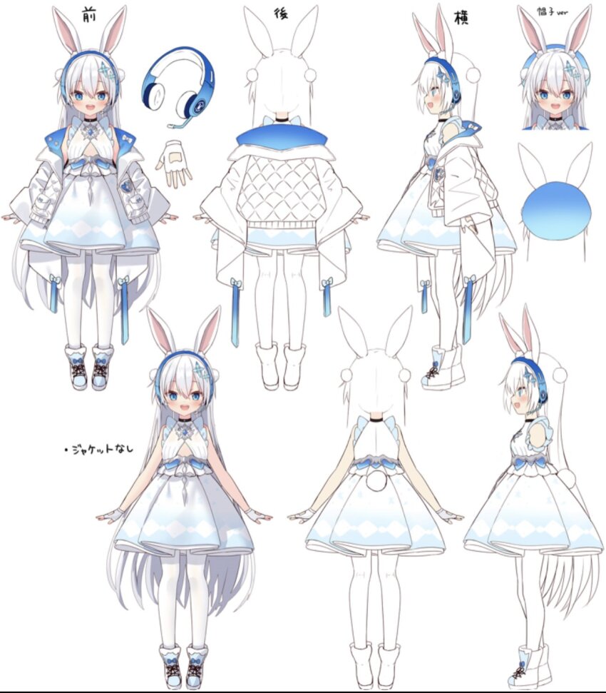 1girl, animal_ears, beret, blue_eyes, blush, breasts, reference_sheet, commentary