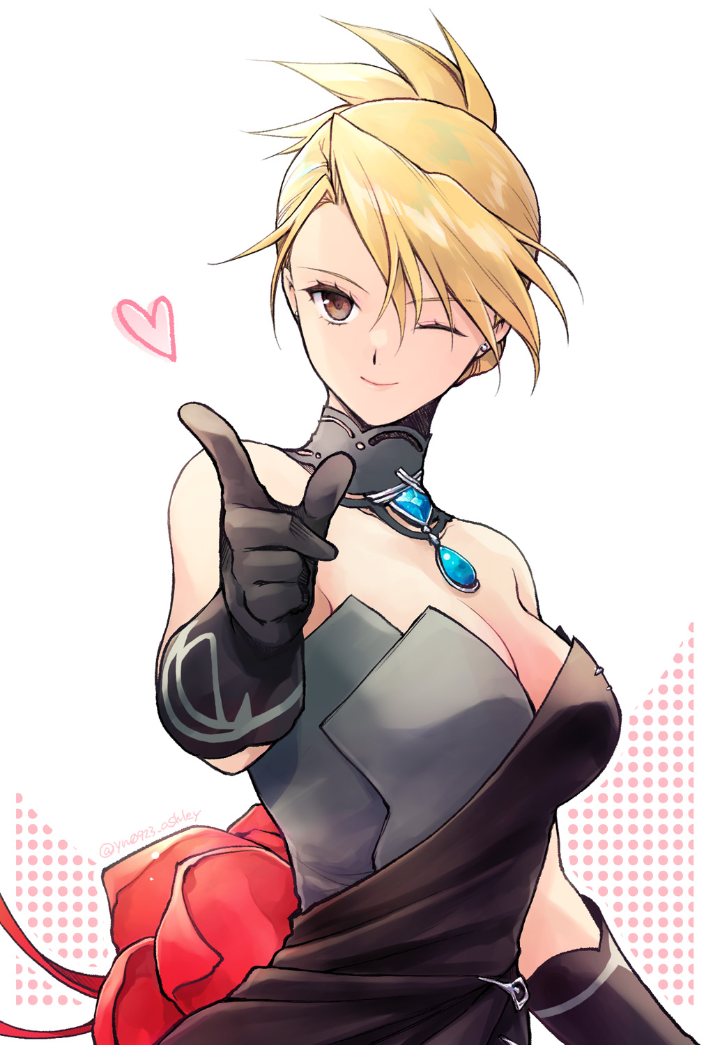 1girl, bare_shoulders, black_dress, black_gloves, blonde_hair, blue_gem, breasts, brooch, brown_eyes, cleavage, detached_collar, dress, earrings, flower, folded_ponytail, fullmetal_alchemist, fullmetal_alchemist_mobile, gem, gloves, grey_dress, heart, highres, jewelry, large_breasts, looking_at_viewer, medium_breasts, one_eye_closed, outstretched_arm, pendant, pointing, pointing_at_viewer, reaching, reaching_towards_viewer, red_flower, riza_hawkeye, smile, solo, strapless, strapless_dress, takafuji_yuna, two-tone_dress, updo, upper_body, white_background