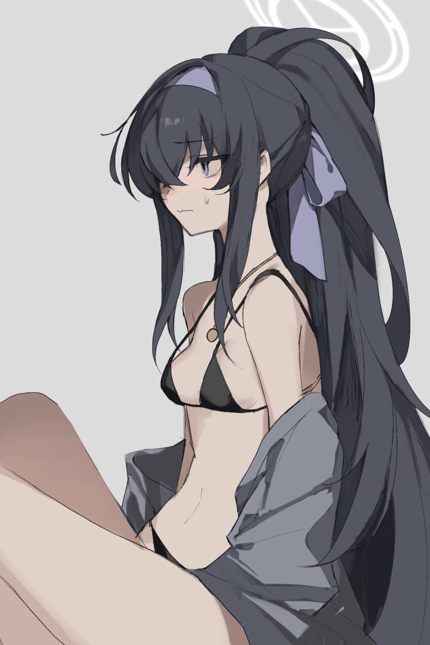 1girl, bags_under_eyes, bikini, black_bikini, blue_archive, breasts, commentary, grey_background, grey_jacket, hair_over_one_eye, halo, halterneck, highres, jacket, jacket_partially_removed, knees_up, long_hair, nacl_chica, official_alternate_costume, one_eye_covered, ponytail, simple_background, sitting, small_breasts, solo, string_bikini, sweatdrop, swimsuit, ui_(blue_archive), ui_(swimsuit)_(blue_archive), very_long_hair