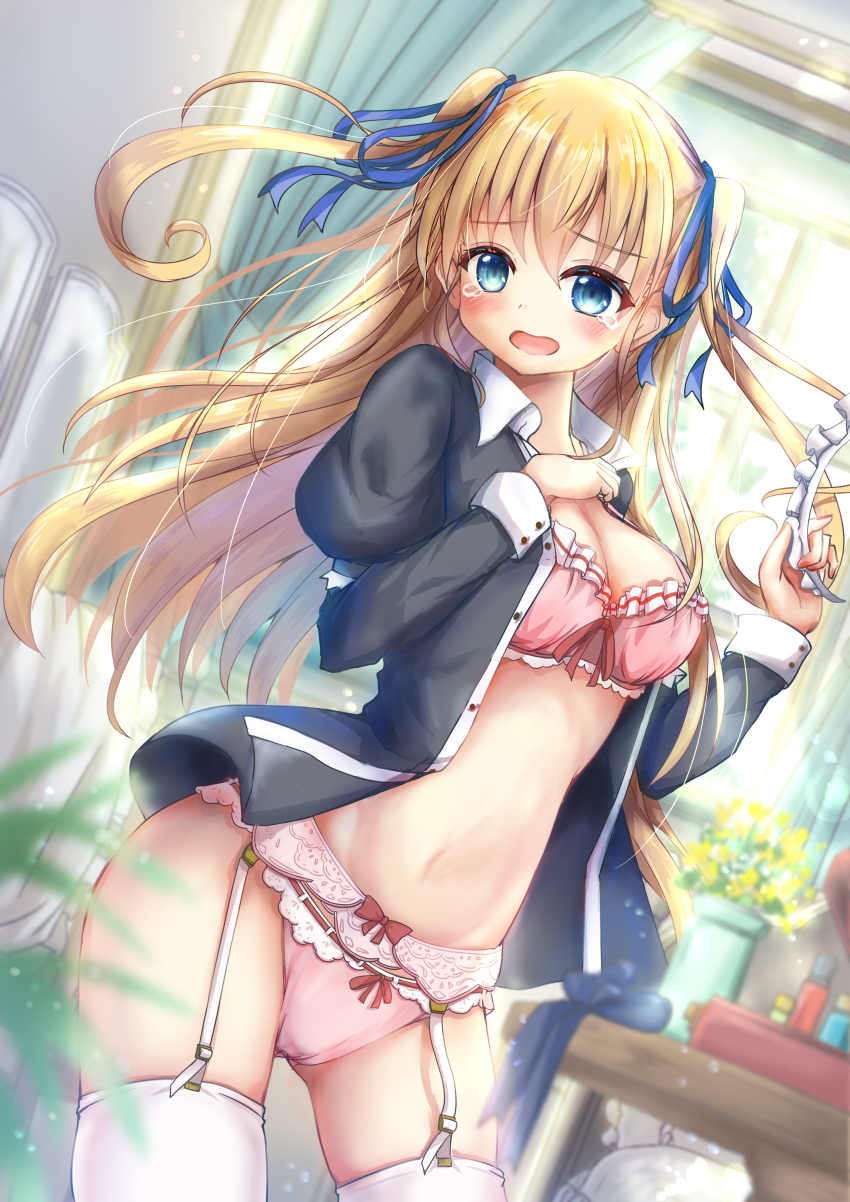 1girl, absurdres, backlighting, bedroom, black_shirt, blonde_hair, blue_eyes, blue_ribbon, blurry, blurry_background, blush, bow, bow_bra, bow_panties, bra, breasts, cleavage, collared_shirt, commentary, cowboy_shot, depth_of_field, dutch_angle, embarrassed, frilled_bra, frills, frown, garter_belt, hair_ribbon, hand_on_own_chest, highres, holding_headdress, indoors, juliet_sleeves, long_hair, long_sleeves, looking_at_viewer, maid_headdress, mashiro_yuu_(yu_arikui), medium_breasts, no_pants, open_clothes, open_mouth, open_shirt, original, panties, pink_bra, pink_panties, puffy_sleeves, ribbon, ribbon-trimmed_panties, ribbon_trim, shirt, standing, tearing_up, thighhighs, two_side_up, underwear, undressing, white_garter_belt, white_thighhighs, window