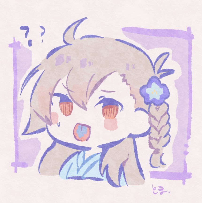 1girl, :p, ?, ??, ahoge, blue_flower, blue_kimono, blue_tongue