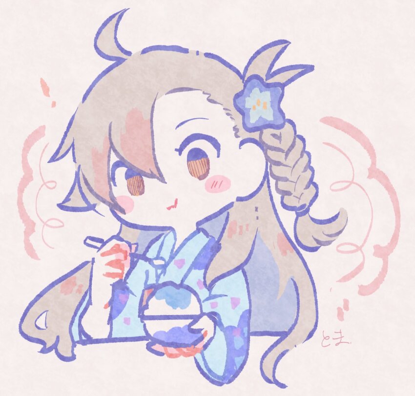 !, 1girl, ahoge, blue_flower, blue_kimono, blush_stickers, bowl, braid