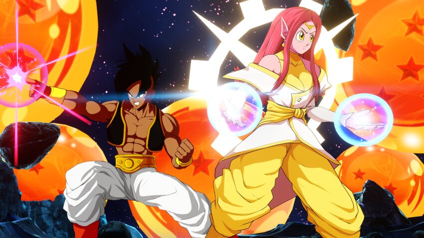 absurdres, angry, black_eyes, black_hair, black_skin, breasts, powering_up, chronoa, colored_skin, dragon_ball, dragon_ball_(object), earrings, highres, jewelry, ki_blast, large_breasts, muscular, muscular_male, pink_hair, pink_skin, potara_earring, potara_earrings, serious, super_dragon_ball_heroes, tagme, uub, yellow_eyes